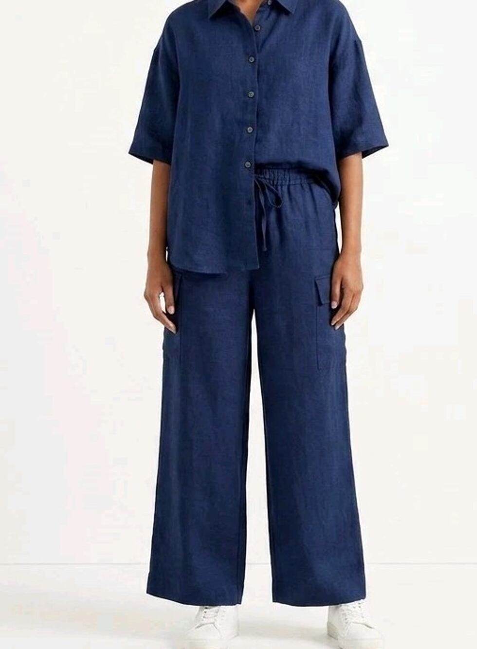 Haven Well Within 100% Linen Set Navy Blue Oversized Shirt XS & Cargo Pants S